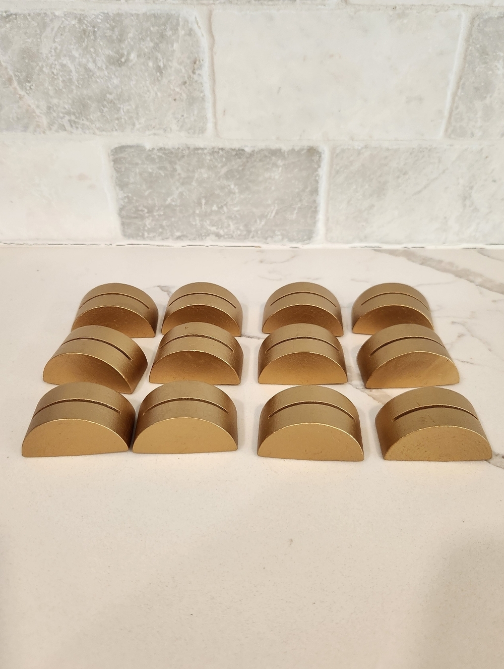 Golden Painted Semi-Circle Wooden Place Card Holders Set Of 12